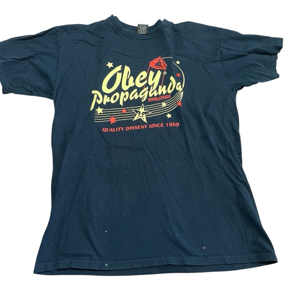 2000s Obey Dark Blue Propaganda Tee Y2K Size Medium small marks near hem - Picture 1 of 8